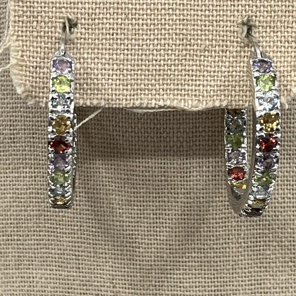 Vintage 925 Sterling Silver Multicolor Gemstone Hoop Earrings - Picture 2 of 16